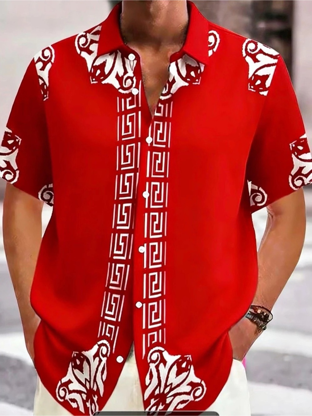 Men's Red & White Geometric Button-Up Size 2XL. 54x33